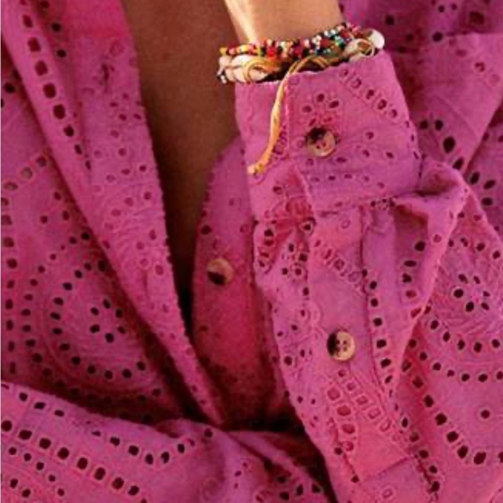 Sezane Eyelet Button-Front Top in Magenta